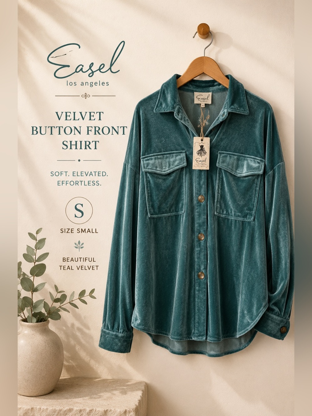 Easel Los Angeles Teal Velvet Oversized Button Front Shirt Size S